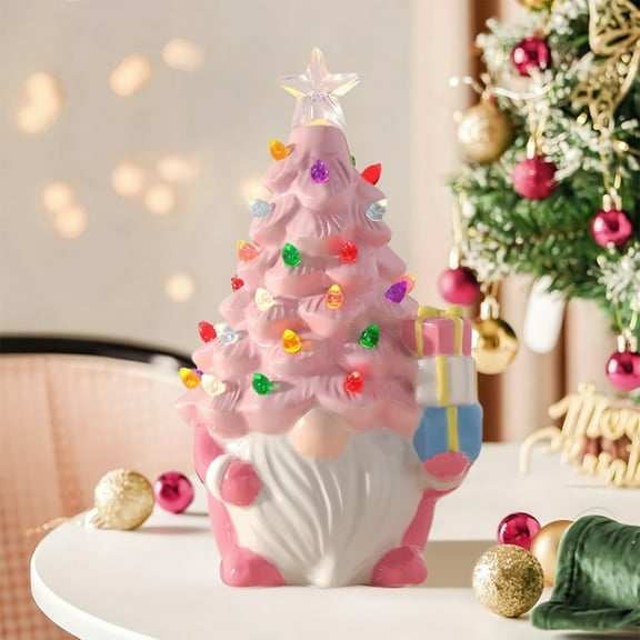 Easter Gnomes, Ceramic Christmas Tree, Pink Light-Up Ceramic Gnome with LED Battery Powered, Classic Easter Decor for Home Shelf Cabinet Table, Home Display, Tabletop
