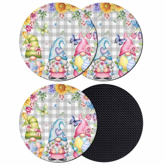 Easter Gnomes Coasters Set of 4, Absorbent Coasters for Drinks, Spring Floral Eggs Flowers Butterflies Gray Plaid Coaster for Desk Coffee Table Protection, Home Decor House Warming Gifts 4"