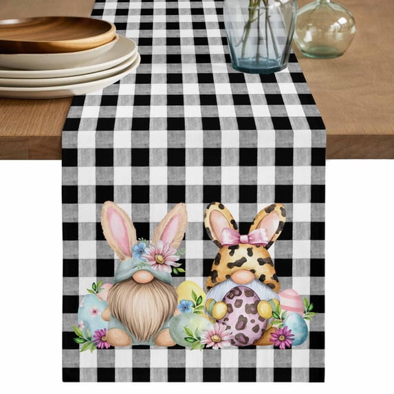 Easter Gnomes Cotton Linen Table Runner for Dining Kitchen, Eggs Rabbit Ears Spring Daisy Buffalo Plaid Wedding Outdoor Party Tablerunners, Dresser Scarf Coffee Tablecloth Runners 13x60 Inches
