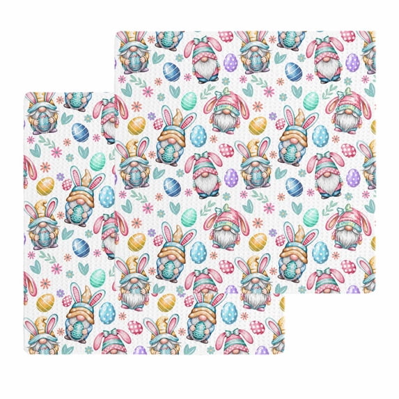 Easter Gnomes Eggs Kitchen Dish Towels for Drying Dishes Set of 2, Bunny Ears Spring Flowers Country Rustic Waffle Weave Microfiber Hand Tea Bathroom Towels Quick Dry & Absorbent Towel 12x12