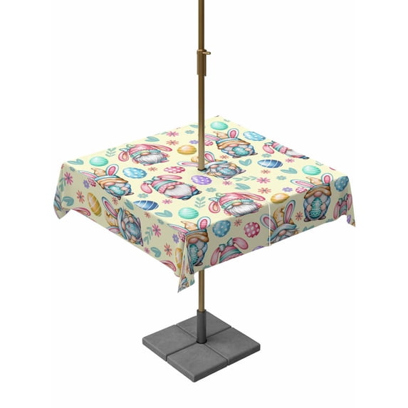 Easter Gnomes Eggs Outdoor Tablecloth - 60x60 Inch Square Dining Table Cover, Bunny Ears Spring Flowers Country Yellow Waterproof Outdoor Table Cloth with Umbrella Hole & Zipper for Picnic/Patio