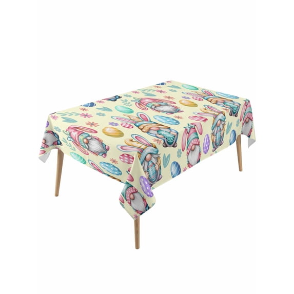 Easter Gnomes Eggs Rectangle Tablecloth, Bunny Ears Spring Flowers Country Yellow Waterproof & StainResistant Tablecloth, Washable Oil-proof Table Cover for Dining/Party/Wedding/Buffet 54x108 In