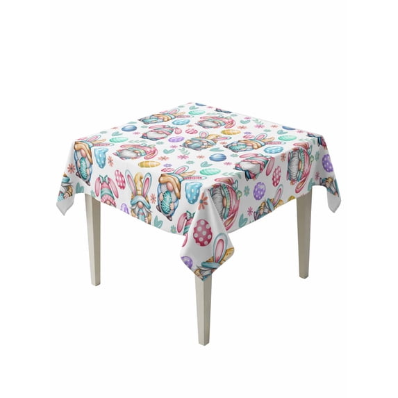 Easter Gnomes Eggs Suqare Tablecloth - 54 x 54 Inch, Bunny Ears Spring Flowers Country Rustic Waterproof & StainResistant Tablecloth, Washable Oil-proof Table Cover for Dining/Party/Wedding/Buffet