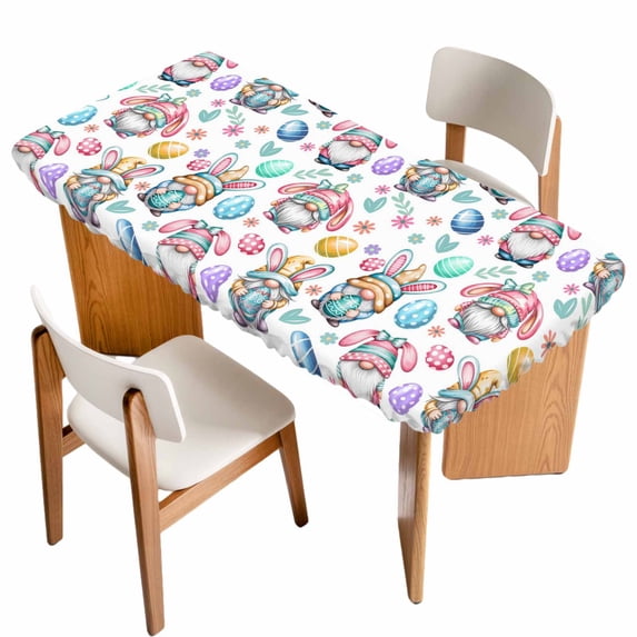 Easter Gnomes Eggs Table Cloths for 4 Foot Rectangle Tables, Bunny Ears Spring Flowers Country Rustic Patio Waterproof Elastic Fitted Tablecloths, Washable Rectangular Table Cover for Camping