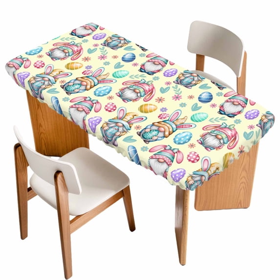 Easter Gnomes Eggs Table Cloths for 5 Foot Rectangle Tables, Bunny Ears Spring Flowers Country Yellow Patio Waterproof Elastic Fitted Tablecloths, Washable Rectangular Table Cover for Camping
