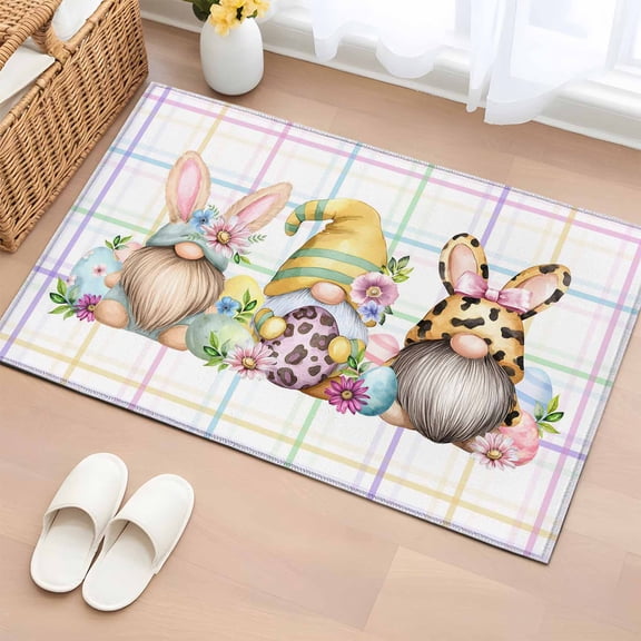 Easter Gnomes Entryway Rug 2'x3' Non Slip Front Door Mats, Eggs Rabbit Spring Daisy Floral Colorful Stripes Entrance Rugs Indoor Outdoor Carpet, Floor Mats Small Area Rug for Bedroom Kitchen