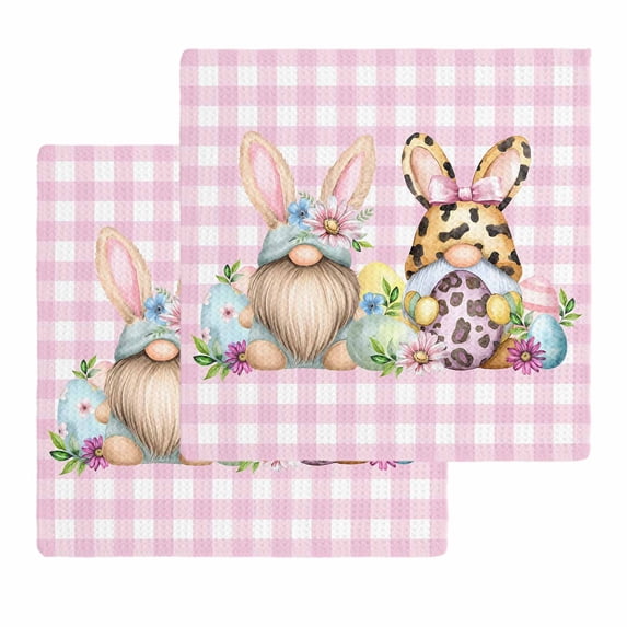 Easter Gnomes Kitchen Dish Towels for Drying Dishes Set of 2, Eggs Rabbit Spring Daisy Floral Pink Checkered Waffle Weave Microfiber Hand Tea Bathroom Towels Quick Dry & Absorbent Towel 12x12
