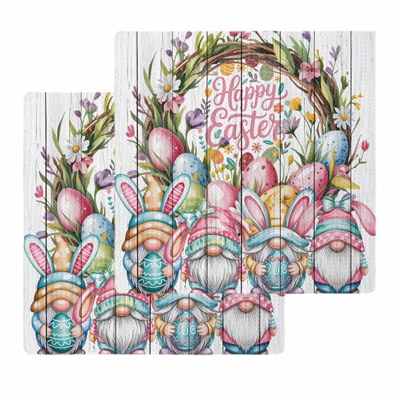 Easter Gnomes Kitchen Dish Towels for Drying Dishes Set of 2, Pink Blue Eggs Spring Flowers Branches Wooden Waffle Weave Microfiber Hand Tea Bathroom Towels Quick Dry & Absorbent Towel 12x12