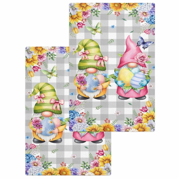 Easter Gnomes Kitchen Dish Towels for Drying Dishes Set of 2, Spring Floral Eggs Flowers Butterflies Gray Plaid Waffle Weave Microfiber Hand Tea Bathroom Towels Quick Dry & Absorbent Towel 15.7x23.6