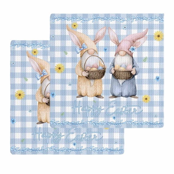 Easter Gnomes Kitchen Dish Towels for Drying Dishes Set of 2, Watercolor Eggs Basket Daisy Spring Blue Plaid Waffle Weave Microfiber Hand Tea Bathroom Towels Quick Dry & Absorbent Towel 12x12