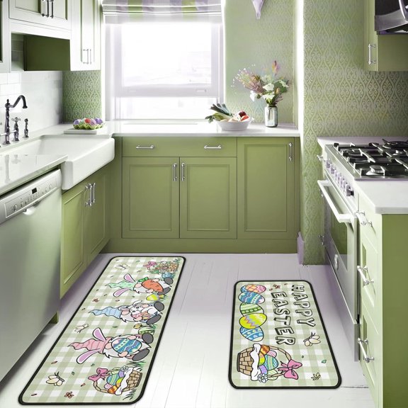 Easter Gnomes Kitchen Rugs Set of 2 Easter Eggs Spring Kitchen Floor Rug and Mat Stain Resistant Kitchen Runner Rug for Home Spring Decor 17"x47"+17"x30"