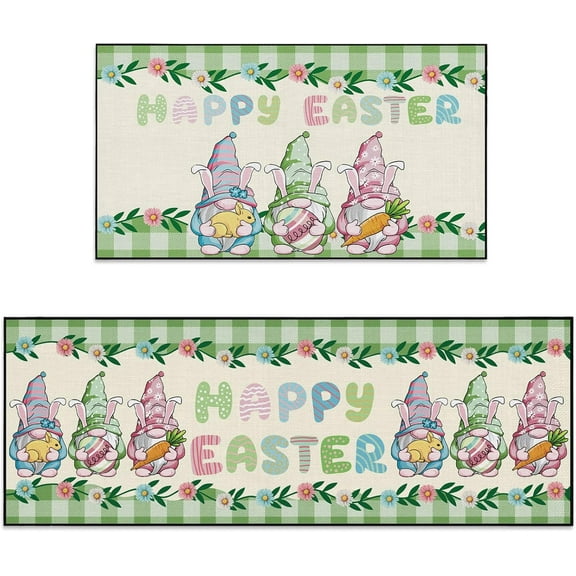 Easter Gnomes Kitchen Rugs Set of 2 Green Eggs Bunny Rabbit Door Mat Happy Easter Non Slip Floor Rugs for Holiday Spring Home Kitchen Decor