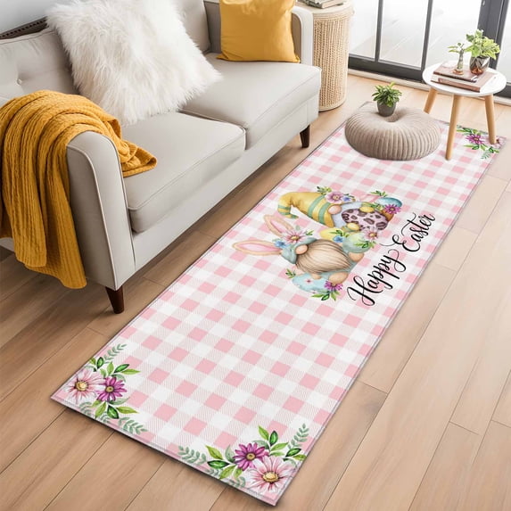 Easter Gnomes Kitchen Runner Rug 2x6 Washable Runners for Hallway Non Slip Watercolor Floral Daisy Eggs Spring Pink Plaid Large Area Rug Indoor Floor Carpet for Bathroom Laundry Entryway Bedroom
