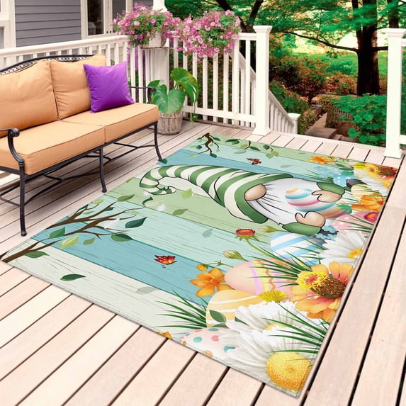 Easter Gnomes Outdoor Rug 6x9 Ft, Non Slip Washable Area Rug, Watercolor Eggs Branches Leaf Flowers Spring Wood Patio Rugs Carpet Runner, Large Floor Mat for Indoor/Outdoor Deck Porch Camping