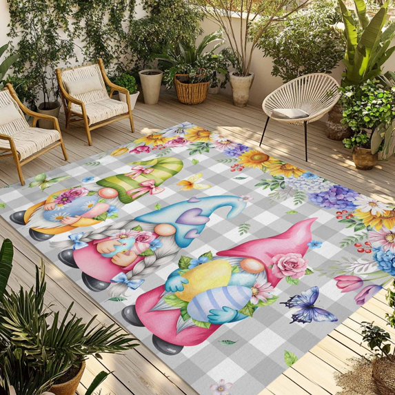 Easter Gnomes Outdoor Rug for Patio/Deck/Porch, Non-Slip Large Area Rug 5 x 7 Ft, Spring Floral Eggs Flowers Butterflies Gray Plaid Indoor Outdoor Rugs Washable Area Rugs, Camping Rug Carpet Runner
