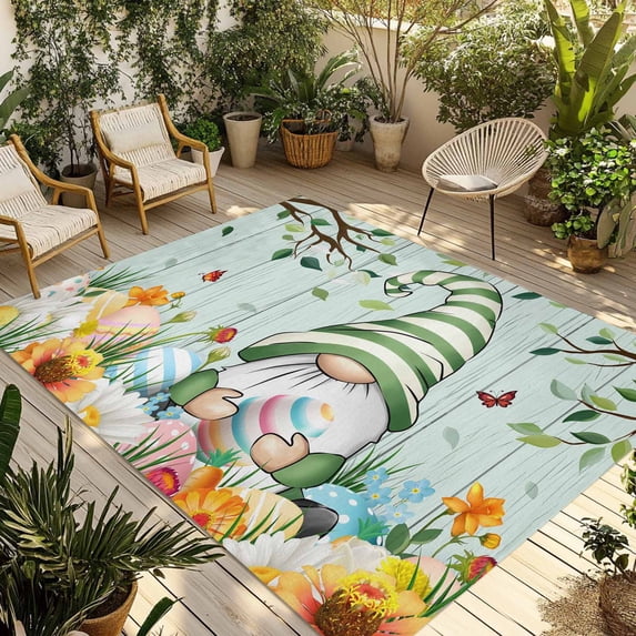 Easter Gnomes Outdoor Rug for Patio/Deck/Porch, Non-Slip Large Area Rug 5 x 7 Ft, Spring Watercolor Eggs Flower Wood Grain Teal Indoor Outdoor Rugs Washable Area Rugs, Camping Rug Carpet Runner