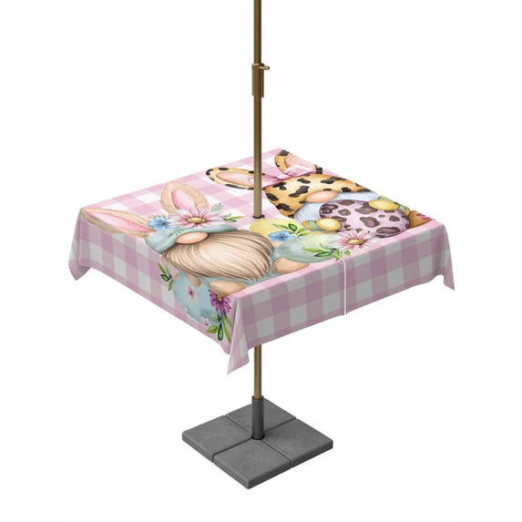 Easter Gnomes Outdoor Tablecloth - 54x54 Inch Square Dining Table Cover, Eggs Rabbit Spring Daisy Floral Pink Checkered Waterproof Outdoor Table Cloth with Umbrella Hole & Zipper for Picnic/Patio