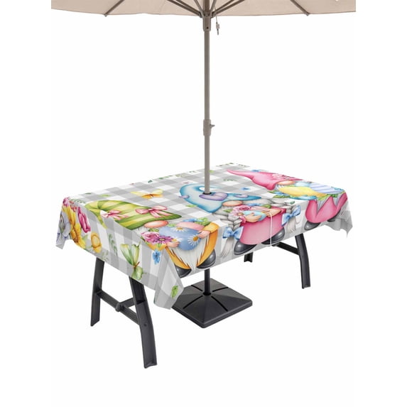 Easter Gnomes Outdoor Tablecloth - 54x80 Inch Rectangle Dining Table Cover, Spring Floral Eggs Flowers Butterflies Gray Plaid Waterproof Outdoor Table Cloth with Umbrella Hole & Zipper for Patio