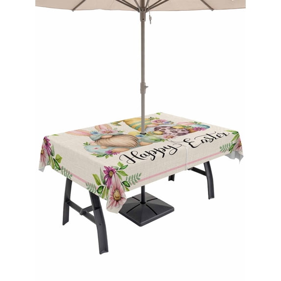 Easter Gnomes Outdoor Tablecloth - 60x102 Inch Rectangle Dining Table Cover, Spring Floral Colorful Eggs Leaves Beige Waterproof Outdoor Table Cloth with Umbrella Hole & Zipper for Picnic/Patio/Party