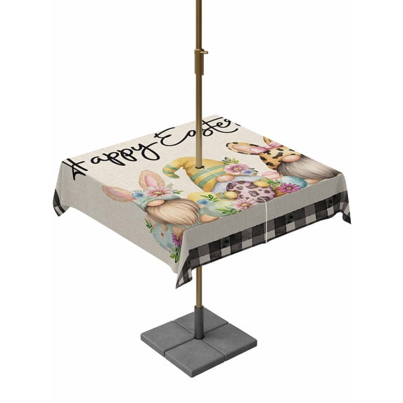 Easter Gnomes Outdoor Tablecloth - 60x60 Inch Square Dining Table Cover, Eggs Bunny Spring Daisy Flower Vintage Plaid Waterproof Outdoor Table Cloth with Umbrella Hole & Zipper for Picnic/Patio/Party