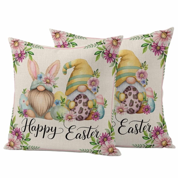 Easter Gnomes Outdoor Waterproof Pillow Covers, Spring Floral Colorful Eggs Leaves Beige Decorative Square Throw Pillowcase Sofa Cushion Sham for Patio/Couch/Chair, 18"x18" 2 Pack
