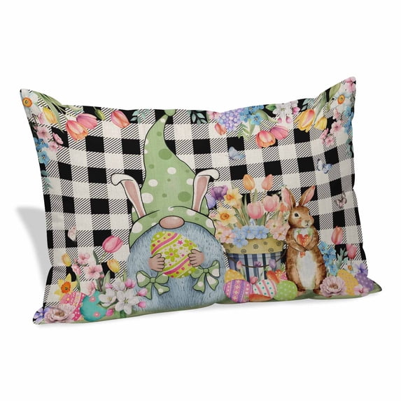 Easter Gnomes Pillow Covers, Linen Long Throw Pillow Case, Spring Watercolor Bunny Tulip Black Plaid Holiday Pillow Protector Decorative Cushion Cover for Living Room/Bedroom 16" x 24"