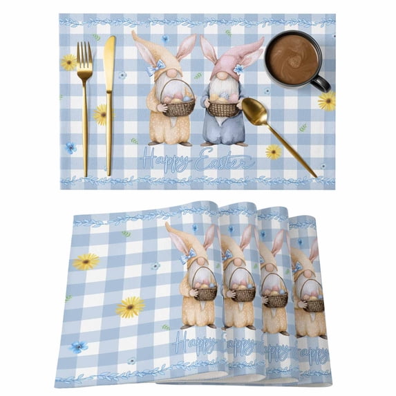 Easter Gnomes Placemats Set of 4 Watercolor Eggs Basket Daisy Spring Blue Plaid Place Mats Indoor Wipeable Table Mats Washable Dining Table Placemats for Kitchen Holiday Party Home Decor 13x19 Inch