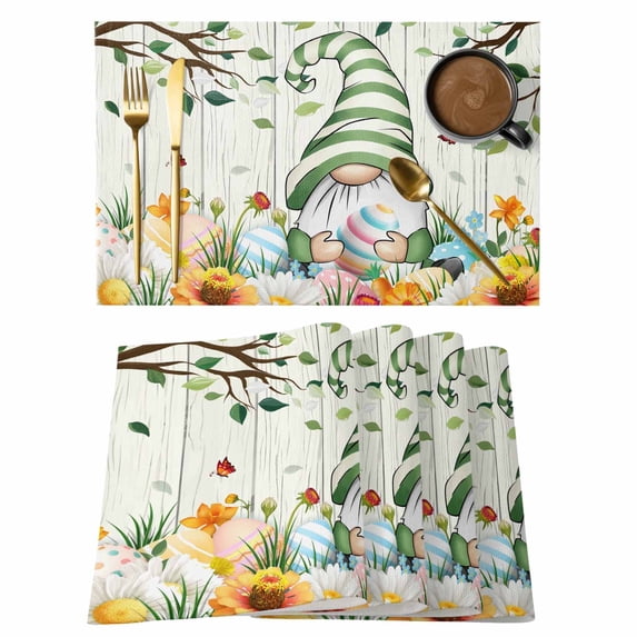 Easter Gnomes Placemats Set of 8, Spring Watercolor Eggs Flower Wood Grain Placemats for Dining Table, Place Mats for Kitchen Tabletop, Waterproof Wipeable Dining Table Mats Set