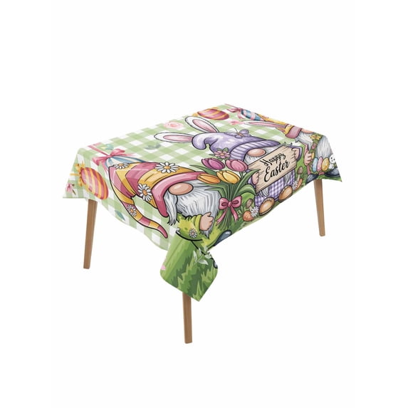 Easter Gnomes Rectangle Tablecloth, Easter Eggs Spring Tulip Flower Green Plaid Waterproof & StainResistant Tablecloth, Washable Oil-proof Table Cover for Dining/Party/Wedding/Buffet 60x102 In