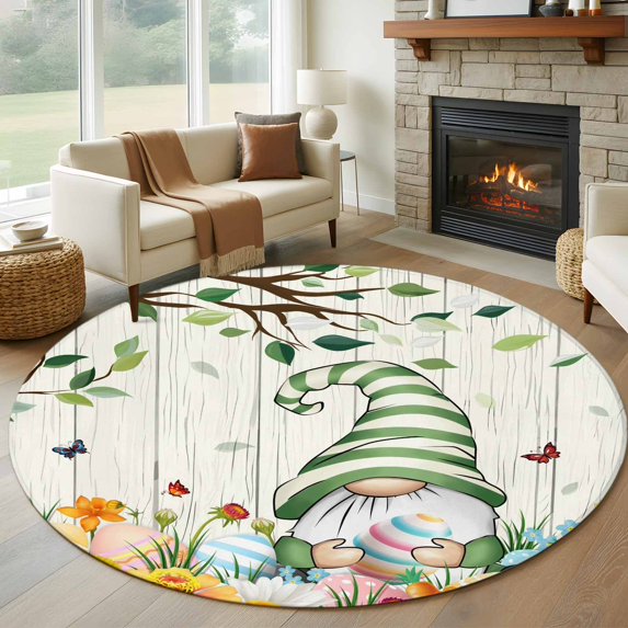 Easter Gnomes Round Area Rug 8Ft Washable Large Circle Rugs for Living Room Dorm, Spring Watercolor Eggs Flower Wood Grain Non-Slip Carpet Floor Mats Indoor Outdoor Carpet Runner Aesthetic Home Decor