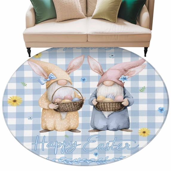 Easter Gnomes Round Area Rugs Collection 6', Watercolor Eggs Basket Daisy Spring Blue Plaid Non Slip Indoor Circular Throw Runner Rug Floor Mat Carpet for Living Room Dining Table Bedroom Nursery