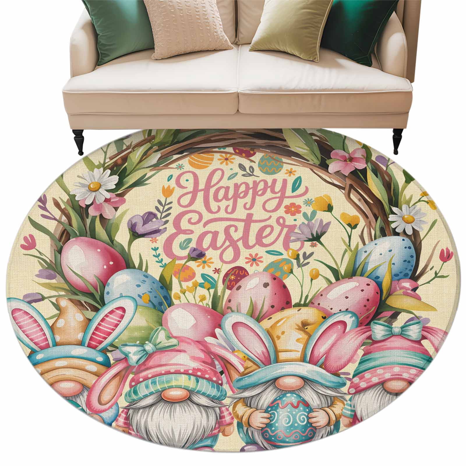 Round Easter Rug Easter Gnomes Round Area Rugs Collection 7', Colorful Eggs Bunny Ears ...
