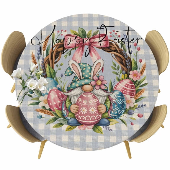Easter Gnomes Round Tablecloth, Fitted Table Cover with Elastic for 36"-44" Round Tables, Colorful Eggs Flowers Ring Vintage Blue Plaid Table Cloth Outdoor Indoor Dinning Party Waterproof Tablecloths