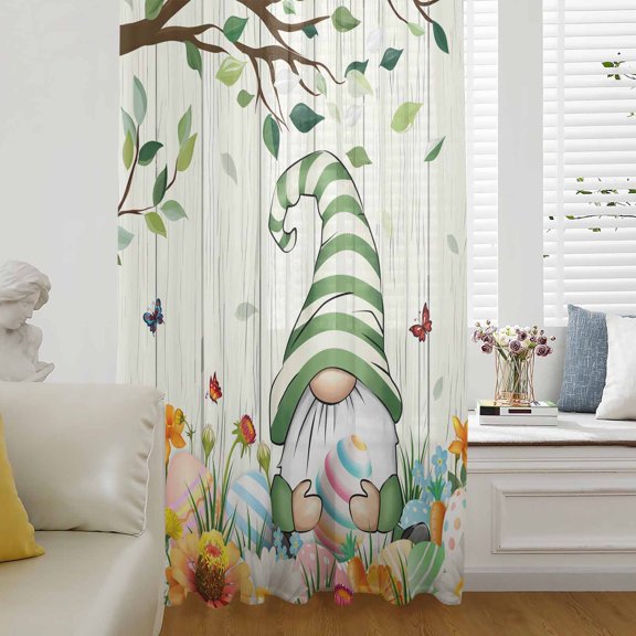 Easter Gnomes Semi Sheer Curtains Drapes for Living Room,Bedroom,French Doors Window 63 Inches Long,Spring Watercolor Eggs Flower Wood Grain Rod Pocket Chiffon Curtain Drapery Voile Draperies Panel
