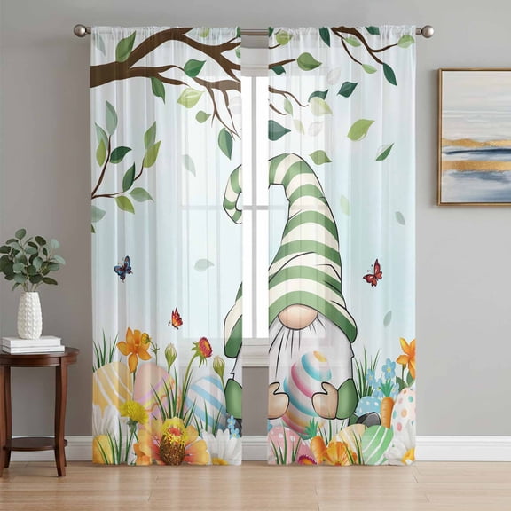 Easter Gnomes Sheer Curtains 63 Inch Length 2 Panels Set, Spring Watercolor Eggs Country Flower Plant Voile Window Treatment Curtains Sheers Drapes for Bedroom/Living Room/Kitchen 52x"63"x2