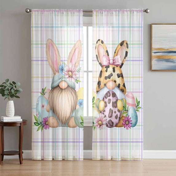 Easter Gnomes Sheer Curtains 63 Inch Length 2 Panels Set Window Treatments, Eggs Rabbit Spring Daisy Floral Colorful Stripes Rod Pocket Semi Curtains for Living Room/Bedroom/Kitchen, 104"W x 63"L