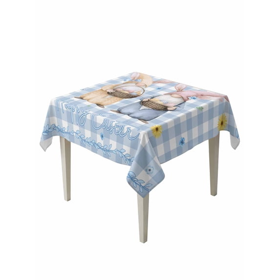 Easter Gnomes Suqare Tablecloth - 60 x 60 Inch, Watercolor Eggs Basket Daisy Spring Blue Plaid Waterproof & StainResistant Tablecloth, Washable Oil-proof Table Cover for Dining/Party/Wedding/Buffet