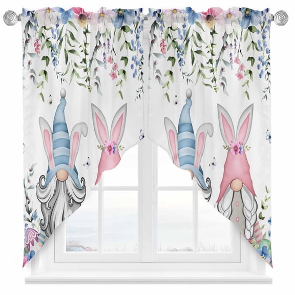 Easter Gnomes Swag Kitchen Curtain Valances, Spring Watercolor Pink Blue Purple Easter Eggs Floral Leaf Rod Pocket Curtains Window Treatment Decor Valances for Bedroom Bathroom, 2 Panels 28 x 36 Inch