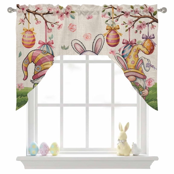 Easter Gnomes Swag Valances for Kitchen Window, Spring Watercolor Eggs Floral Branches Linen Texture Small Swag Valances Rod Pocket Curtain Drapes Window Treatment for Bedroom Bathroom, 56x36 Inch