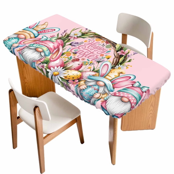 Easter Gnomes Table Cloths for 3 Foot Rectangle Tables, Colorful Eggs Spring Flowers Branches Pink Patio Waterproof Elastic Fitted Tablecloths, Washable Rectangular Table Cover for Camping