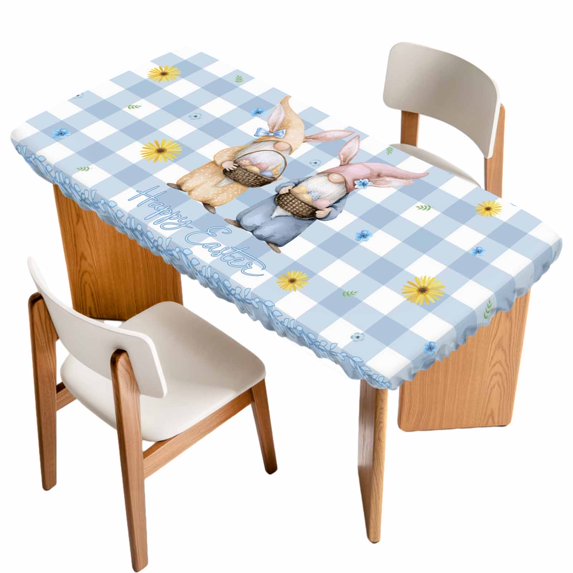 Easter Gnomes Table Cloths for 3 Foot Rectangle Tables, Watercolor Eggs Basket Daisy Spring Blue Plaid Patio Waterproof Elastic Fitted Tablecloths, Washable Rectangular Table Cover for Camping