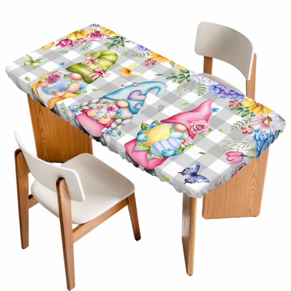 Easter Gnomes Table Cloths for 4 Foot Rectangle Tables, Spring Floral Eggs Flowers Butterflies Gray Plaid Patio Waterproof Elastic Fitted Tablecloths, Washable Rectangular Table Cover for Camping