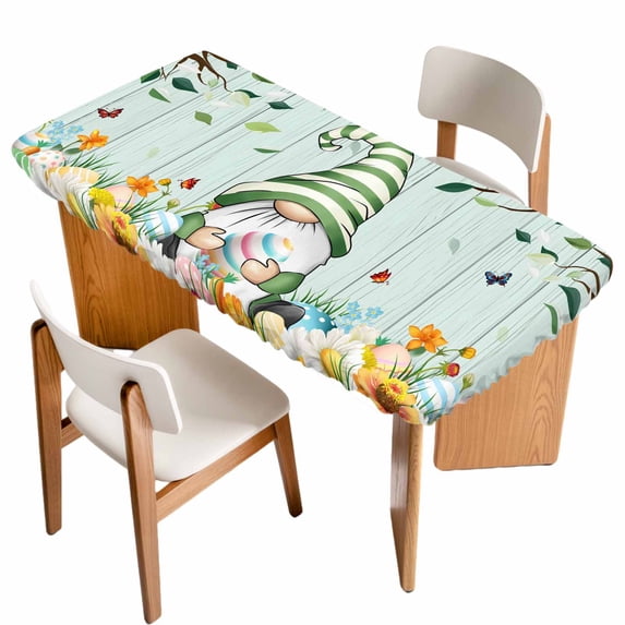 Easter Gnomes Table Cloths for 4 Foot Rectangle Tables, Spring Watercolor Eggs Flower Wood Grain Teal Patio Waterproof Elastic Fitted Tablecloths, Washable Rectangular Table Cover for Camping
