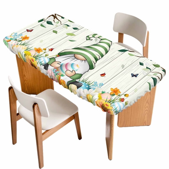 Easter Gnomes Table Cloths for 5 Foot Rectangle Tables, Spring Watercolor Eggs Flower Wood Grain Patio Waterproof Elastic Fitted Tablecloths, Washable Rectangular Table Cover for Camping