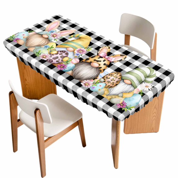Easter Gnomes Table Cloths for 6 Foot Rectangle Tables, Eggs Rabbit Ears Spring Daisy Buffalo Plaid Patio Waterproof Elastic Fitted Tablecloths, Washable Rectangular Table Cover for Camping