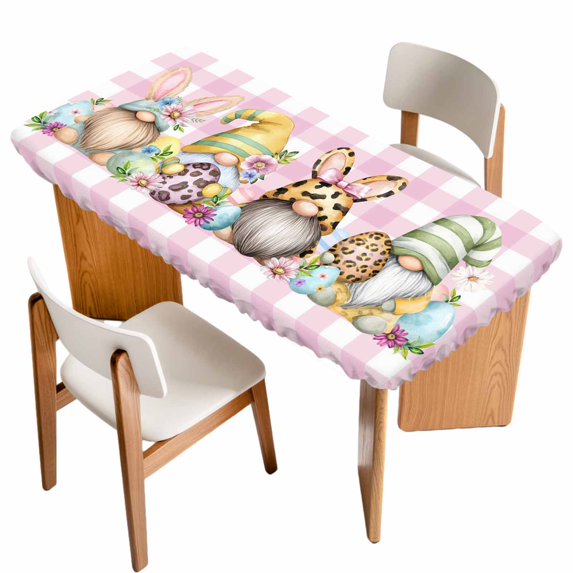 Easter Gnomes Table Cloths for 6 Foot Rectangle Tables, Eggs Rabbit Spring Daisy Floral Pink Checkered Patio Waterproof Elastic Fitted Tablecloths, Washable Rectangular Table Cover for Camping