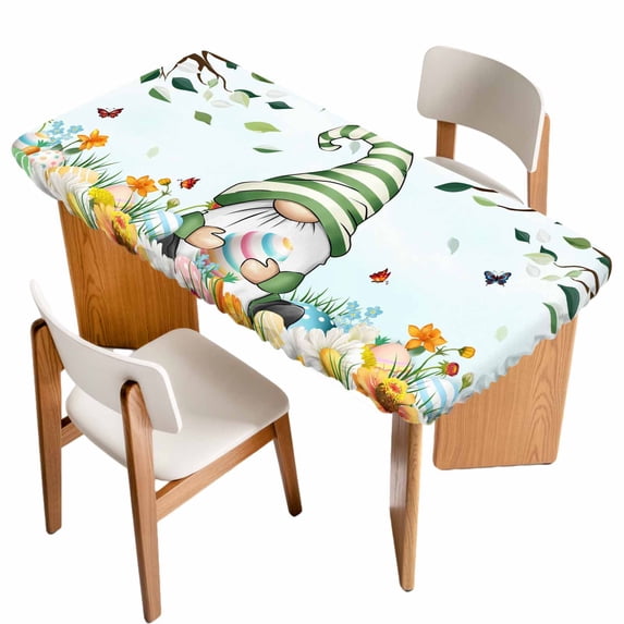 Easter Gnomes Table Cloths for 6 Foot Rectangle Tables, Spring Watercolor Eggs Country Flower Plant Patio Waterproof Elastic Fitted Tablecloths, Washable Rectangular Table Cover for Camping