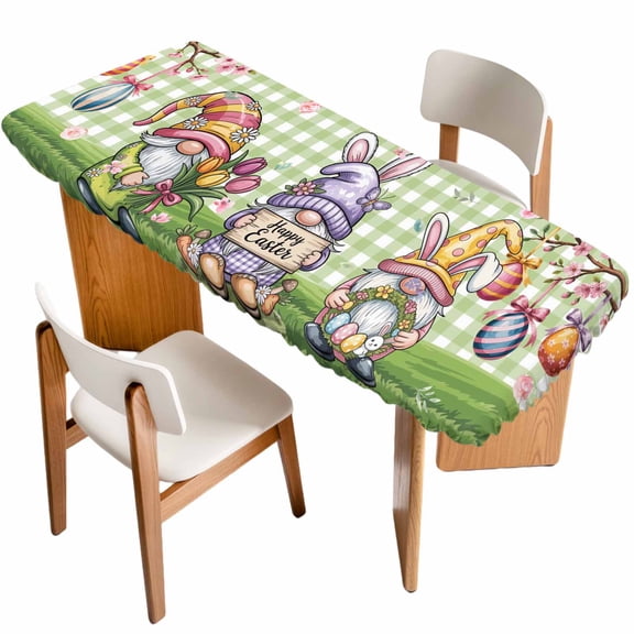 Easter Gnomes Table Cloths for 8 Foot Rectangle Tables, Easter Eggs Spring Tulip Flower Green Plaid Patio Waterproof Elastic Fitted Tablecloths, Washable Rectangular Table Cover for Camping