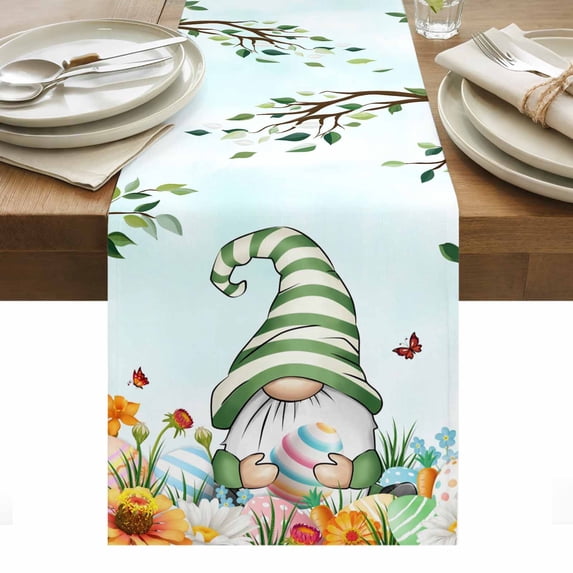 Easter Gnomes Table Runner - 120 Inch Long, Kitchen Dining Table Runner Dresser Scarves, Spring Watercolor Eggs Country Flower Plant Farmhouse Decor for Coffee Tables Wedding Party Banquet