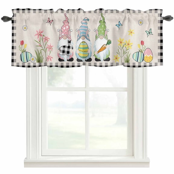 Easter Gnomes Valances for Windows with Carrot Egg Retro Buffalo Plaid Border Rod Pocket Curtain Valance Window Treatment Short Curtains for Kitchen Living Room, 60"x18"
